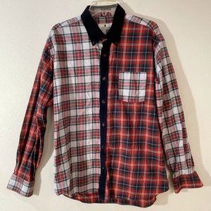 Southern Pines Button Up Shirt Mens XL Red Plaid Black Corduroy Trim Long Sleeve